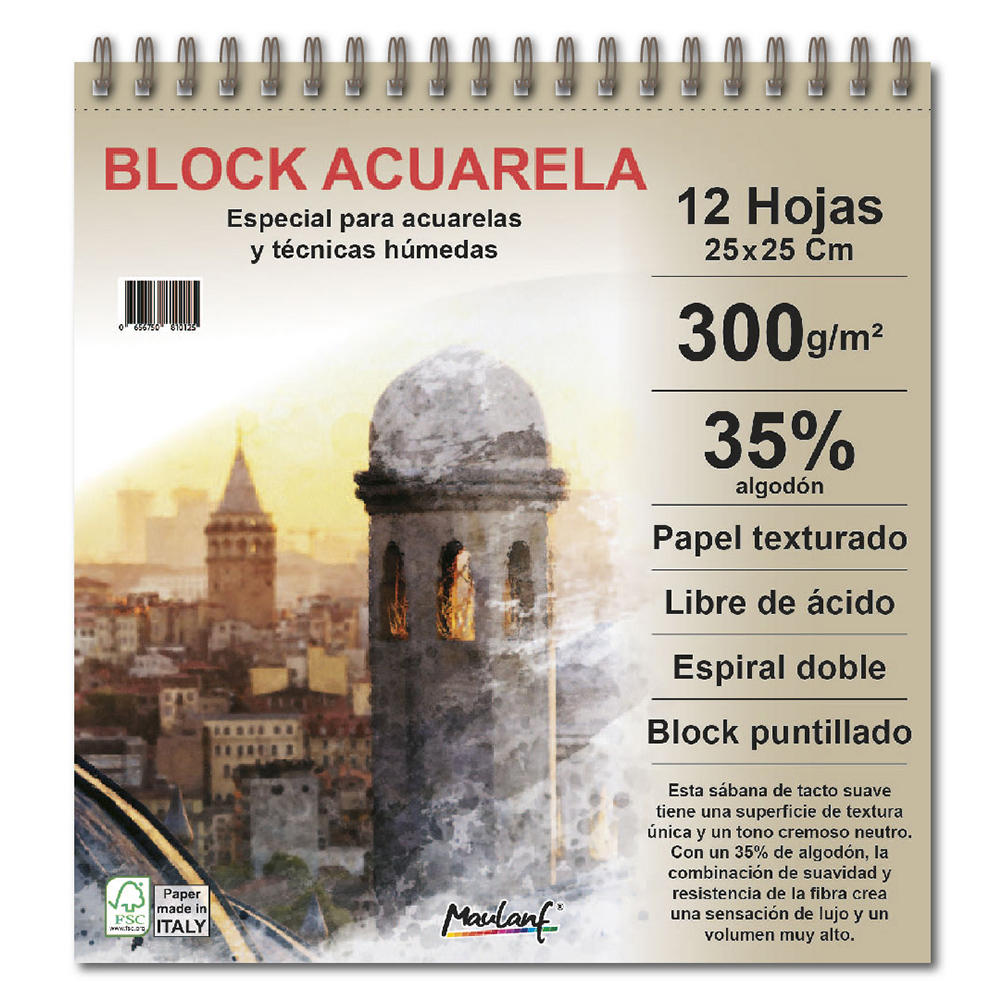 BLOCK MAULANF P/ACUARELA C/ALGODON Y ESPIRAL 25X25 X 12 HJS 300 GRS(2301)