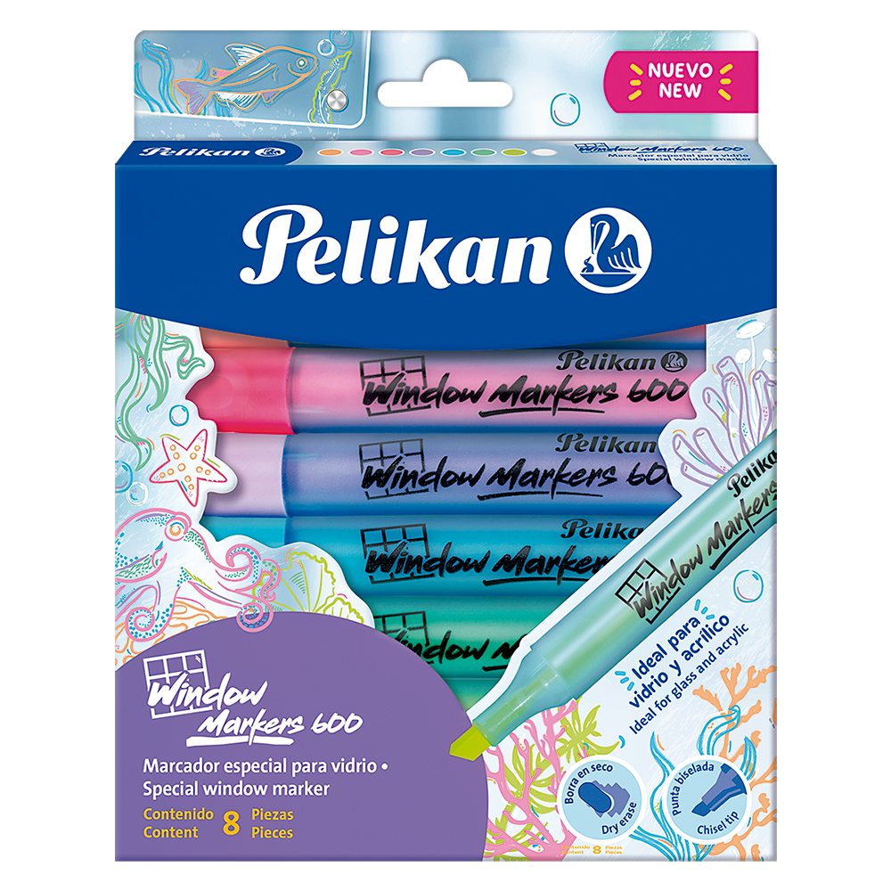 MARCADOR PELIKAN PARA VIDRIO WINDOW 600  X 8 COLORES SURTIDOS