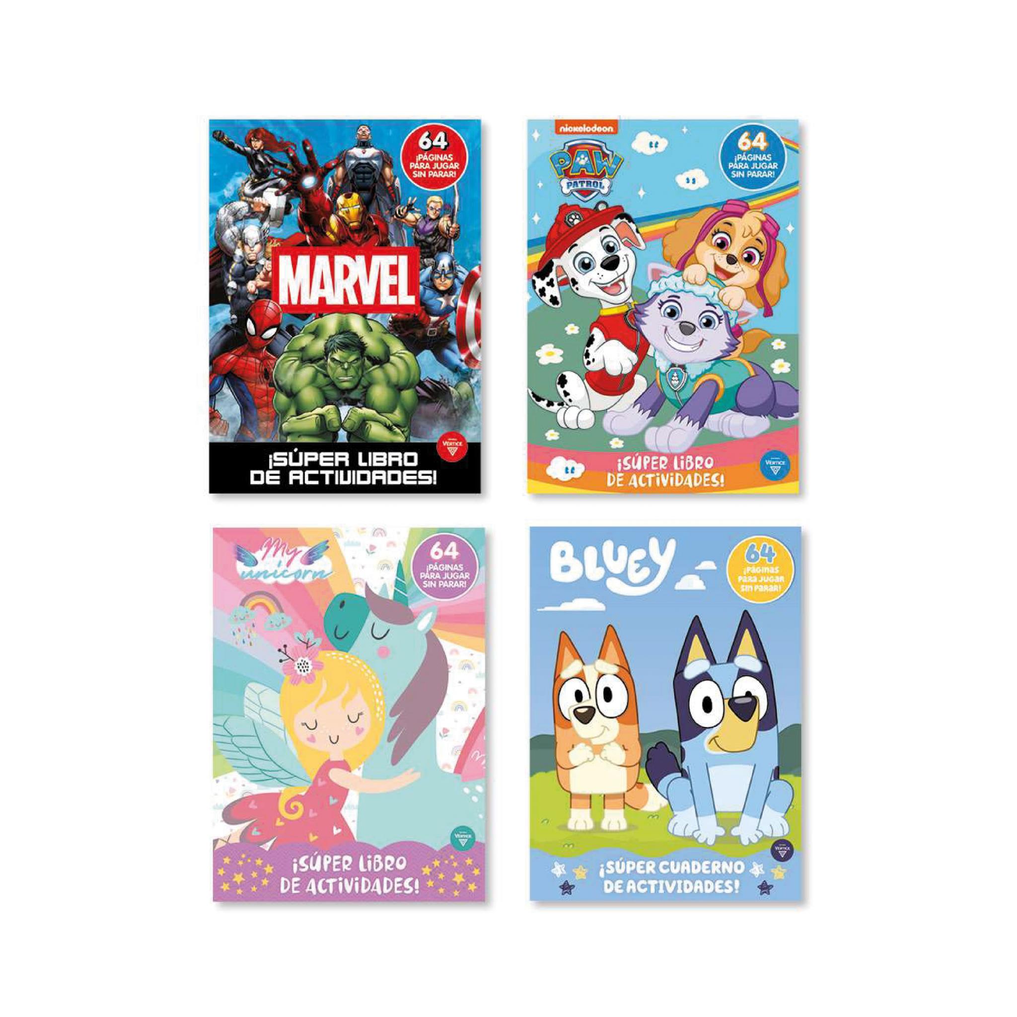 LIBRO SUPER ACTIVIDADES VERTICE SURT. (BLUEY,UNICORN,MARVEL,PAW PATROL) (6175)